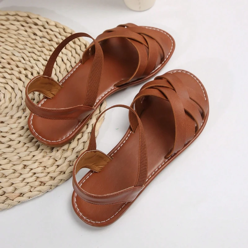 Women's Beach Glamour Sandals Elastic Ankle Strap Casual Bohemian Crossover Lace-Up Simple Holiday Summer Soft-Soled Sandals