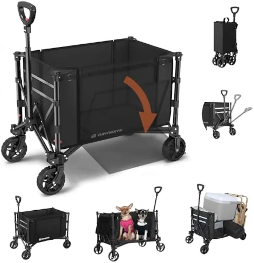 

3-in-1 Collapsible Wagon Converts to Bench, 220lbs Foldable Cart with Wheels for Groceries, Beach, Camping