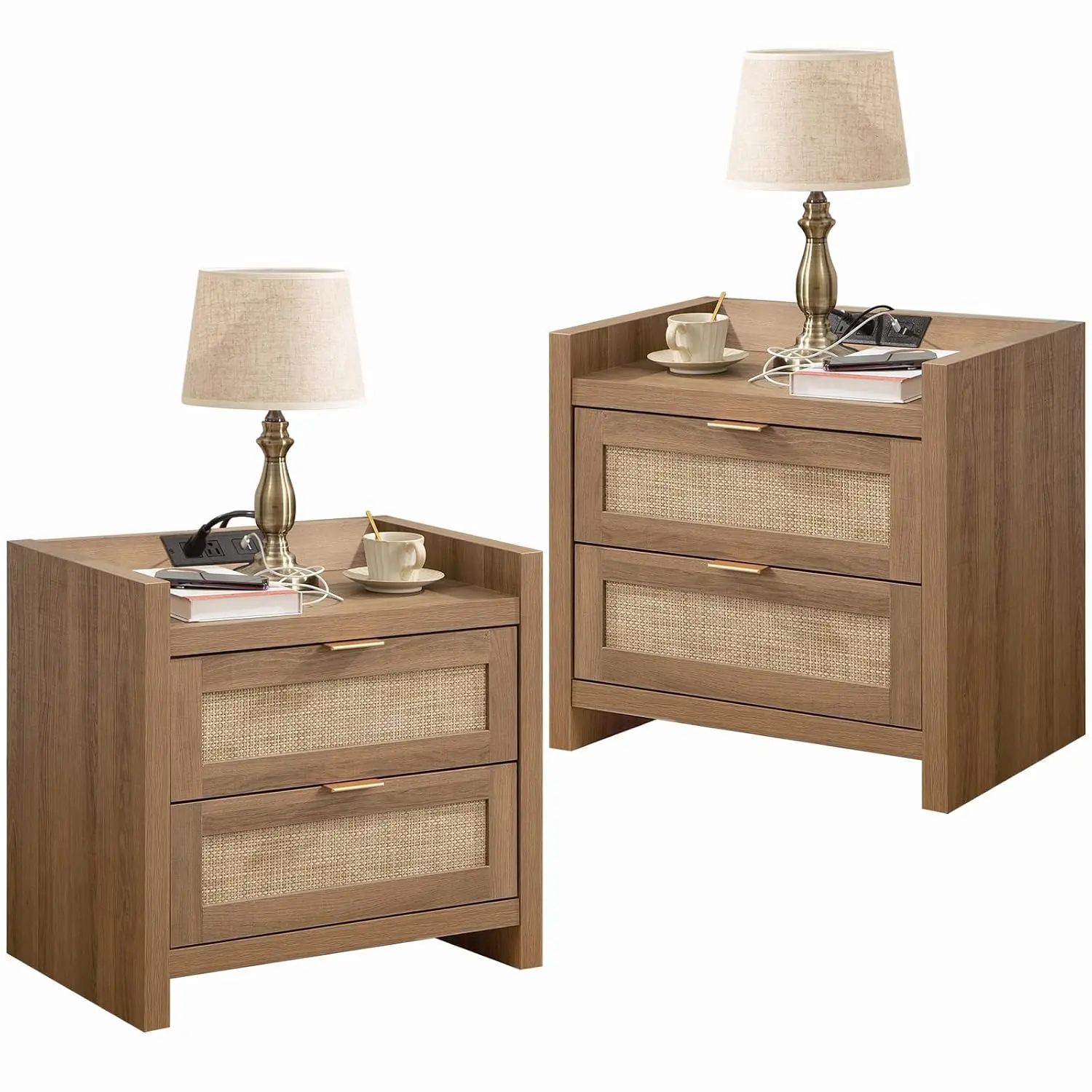 Rattan Nightstand Set of 2, Bedside Table with 2 Large Drawers | Farmhouse Boho Night Stands with Type-C Charging, Customized
