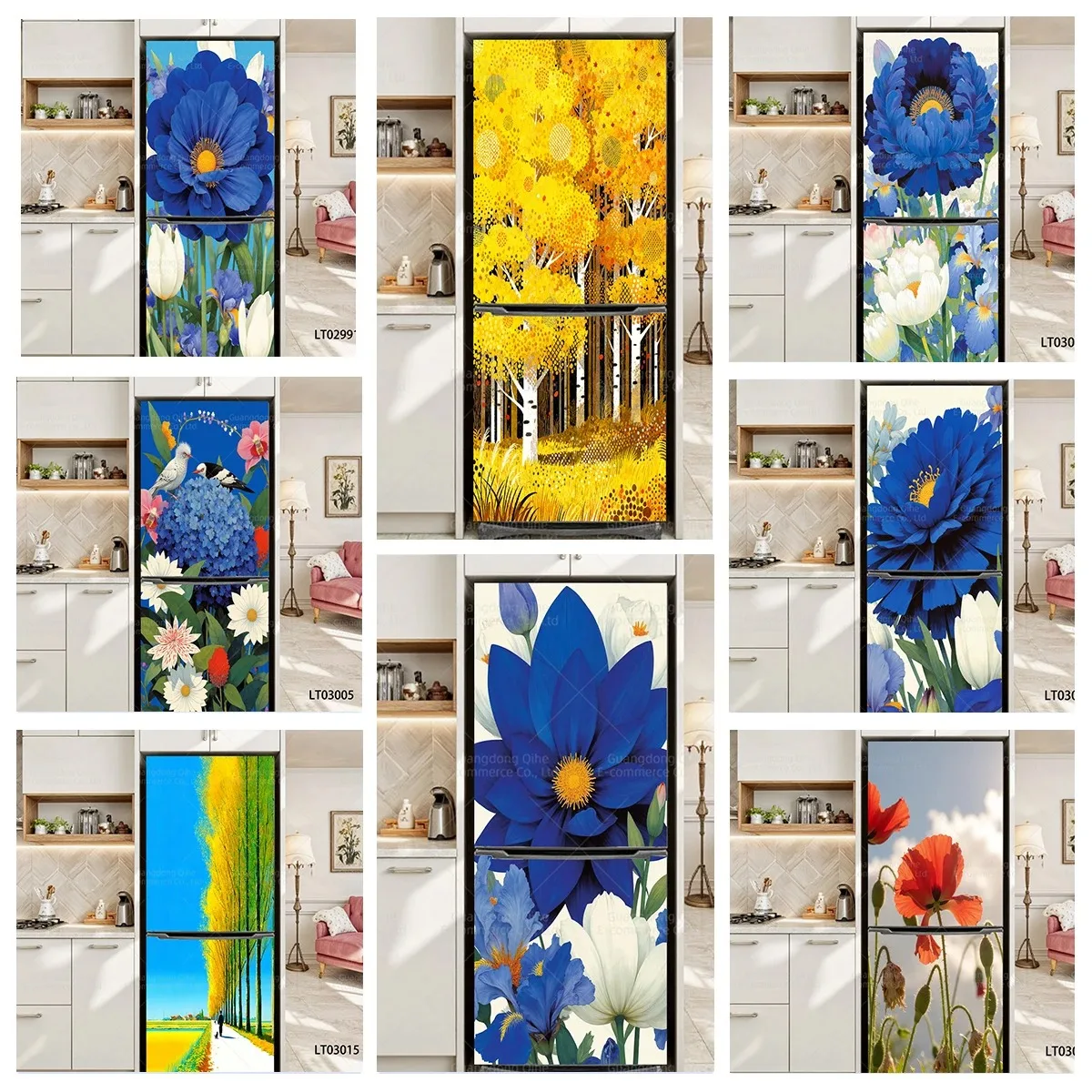 

Vibrant Floral Blue Iris Sunflower Refrigerator Door Sticker Waterproof Self-Adhesive Fridge Mural Wrap for Kitchen Home Decor