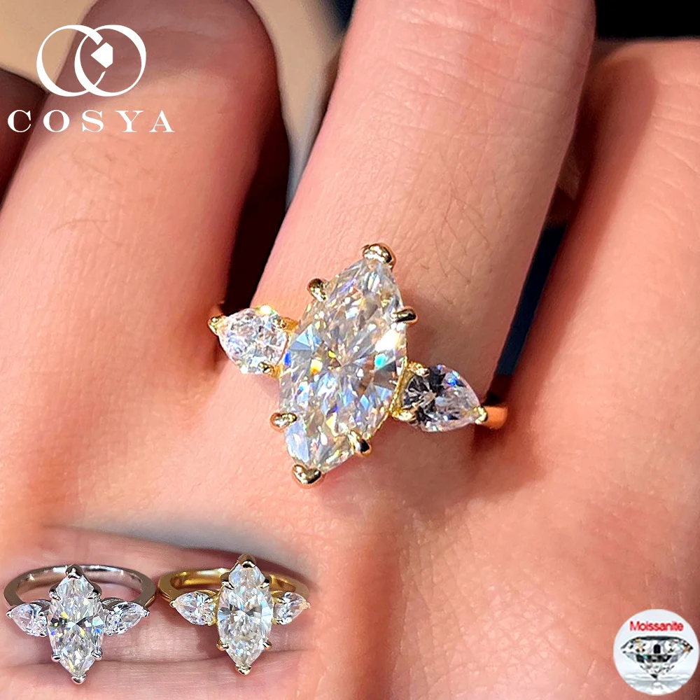 

COSYA 3CT 7*14 мм кольцо с бриллиантом из муассанита маркизы для женщин с покрытием из 18-каратного золота 100% серебро S925 с тремя камнями обручальное кольцо ювелирные изделия