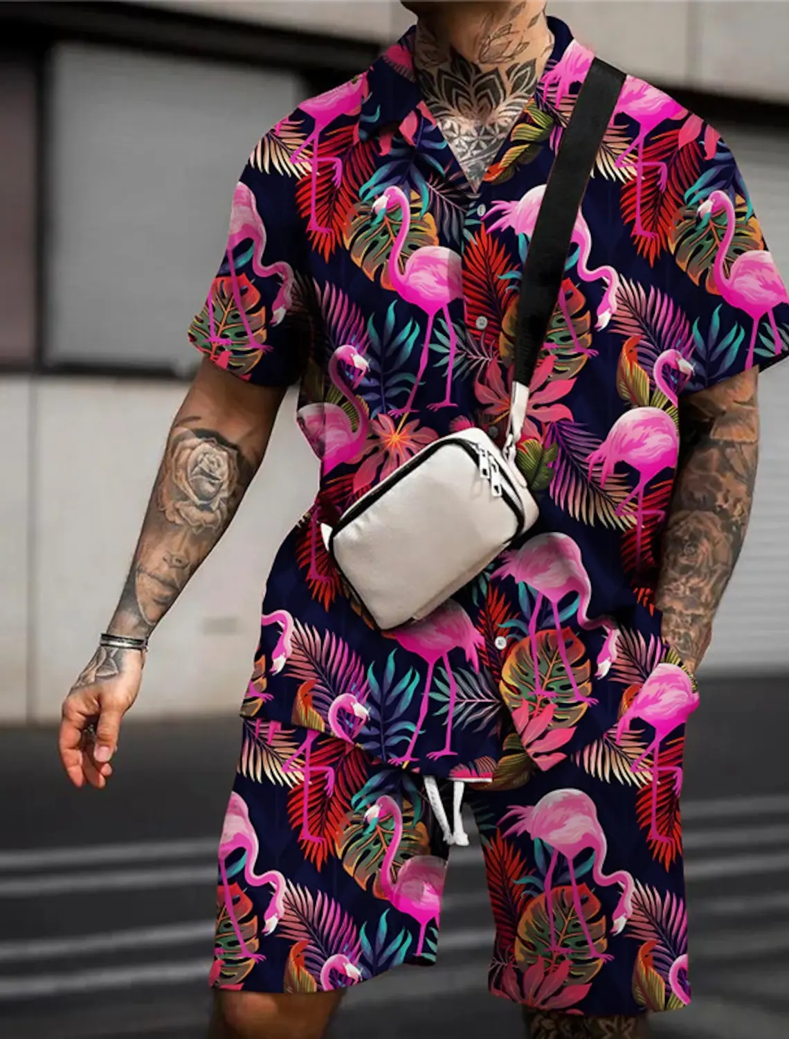 

Hawaiian Monstera Print Men's Shirt and Shorts 2 Piece Set Casual Vacation Men's Shirt Set Short Sleeve Button Shirt