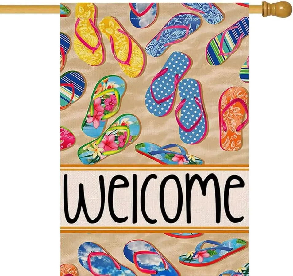 Welcome Summer Flip Flop Beach House Flag 28 x 40 Inch Decorative Double Sided Burlap Flag For Yard Outdoor Seasonal Holiday yyi