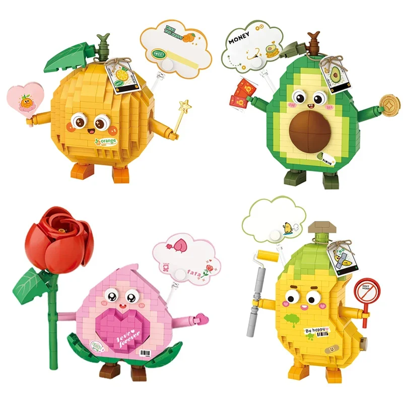 Cartoon Fruit Mini Building Blocks Set Cute Banana Avocado Peach Model Assembled Ornaments Bricks Children's Toys Gifts