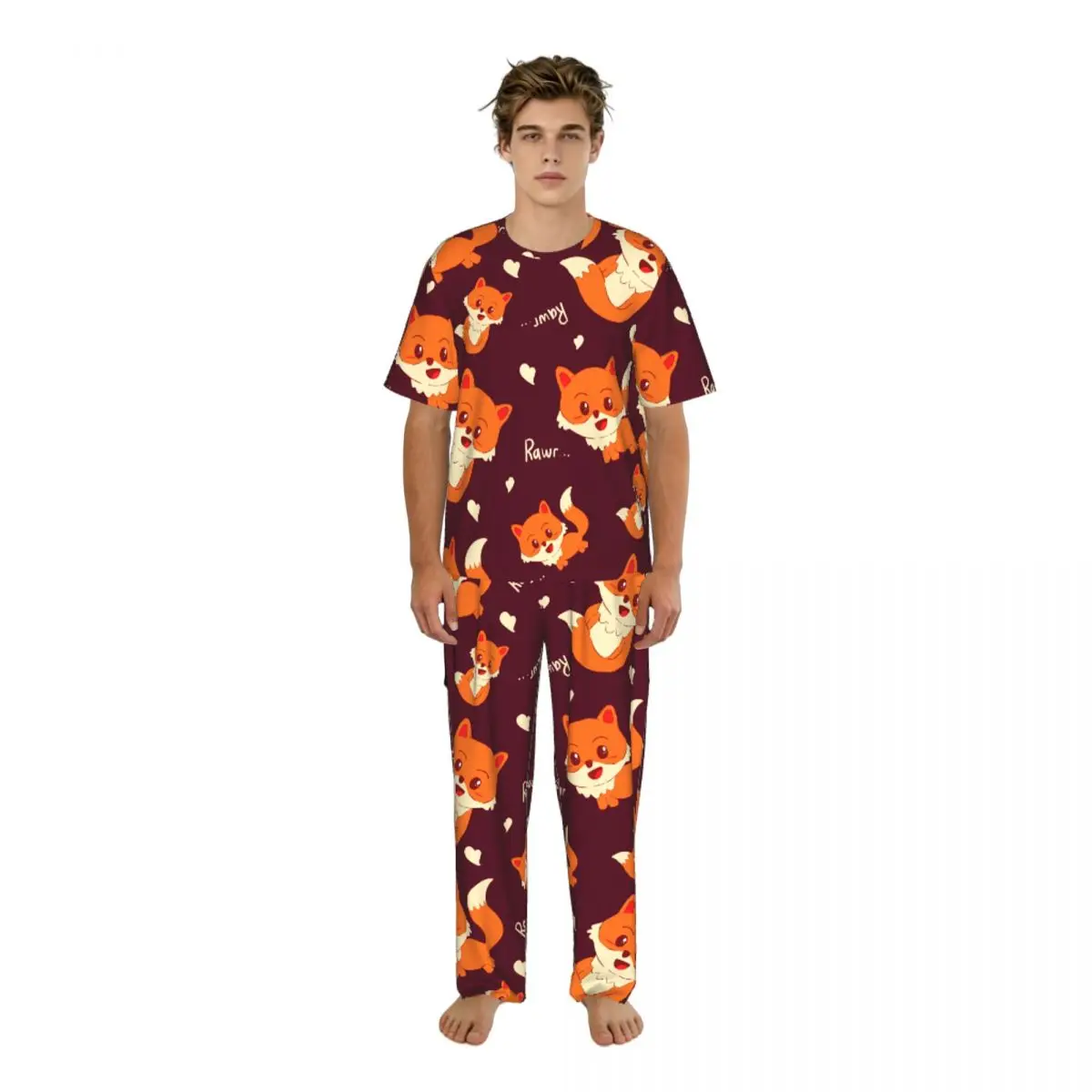 

Мужская пижама с короткими рукавами, комплект из двух предметов: брюки и рубашка. Домашний костюм для сна с милым принтом лисы.