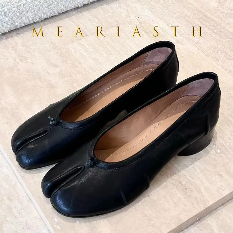 Spring Summer Microfiber Leather Split Toe Women Pumps Fashion Designer Low Thick Heeled Tabi Soft Soles Loafers Casual Shoes