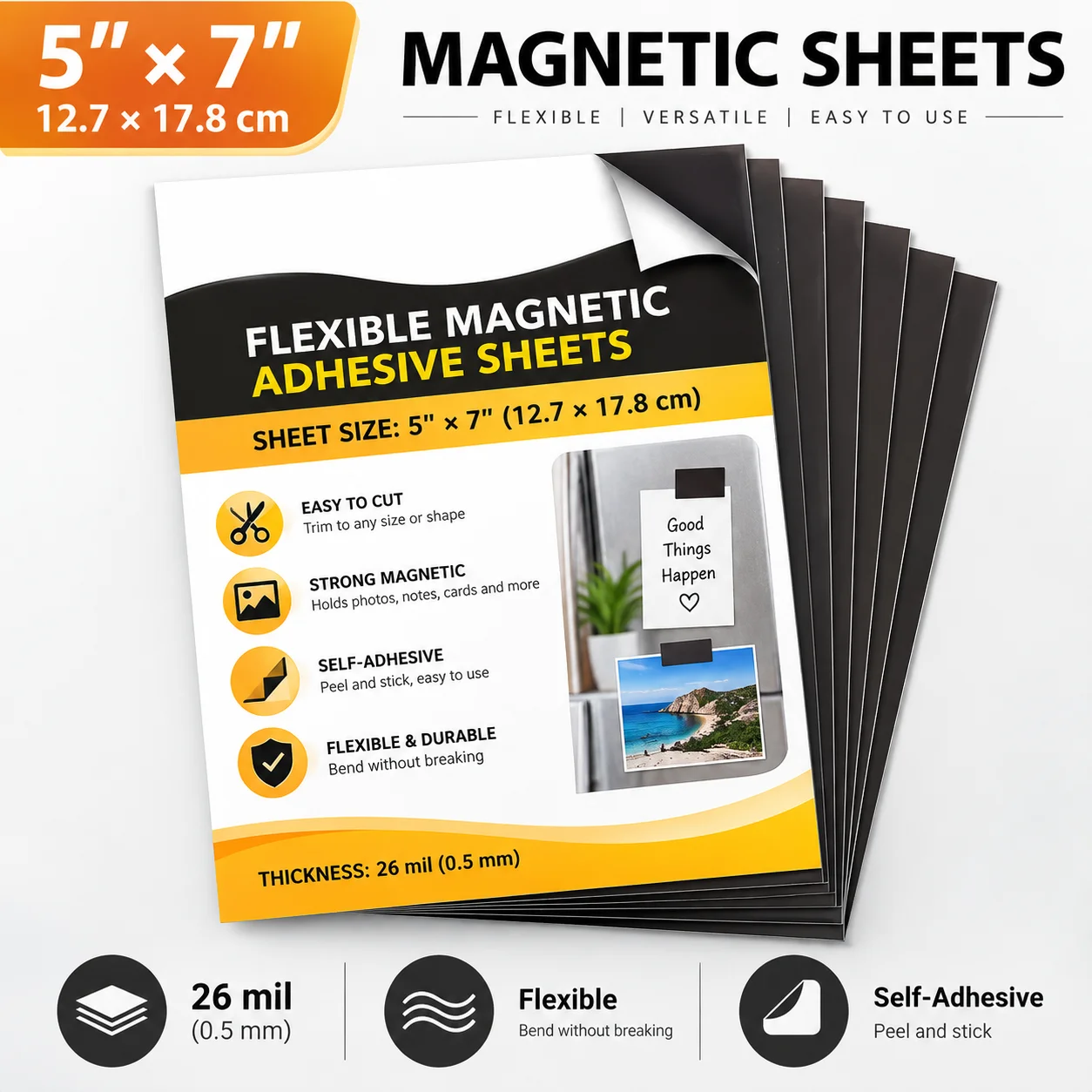 Flexible Magnetic Adhesive Sheets, 5 X 7 Inch, Easy to Cut Magnetic Sheets for Photos, Crafts, Die Storage, Refrigerator Decor