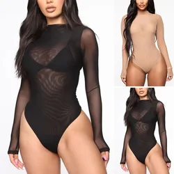 Sexy Mesh See Through Bodysuit Women Long Sleeve Sheer Bodysuits High Neck Bodycon Jumpsuit See Through Romper