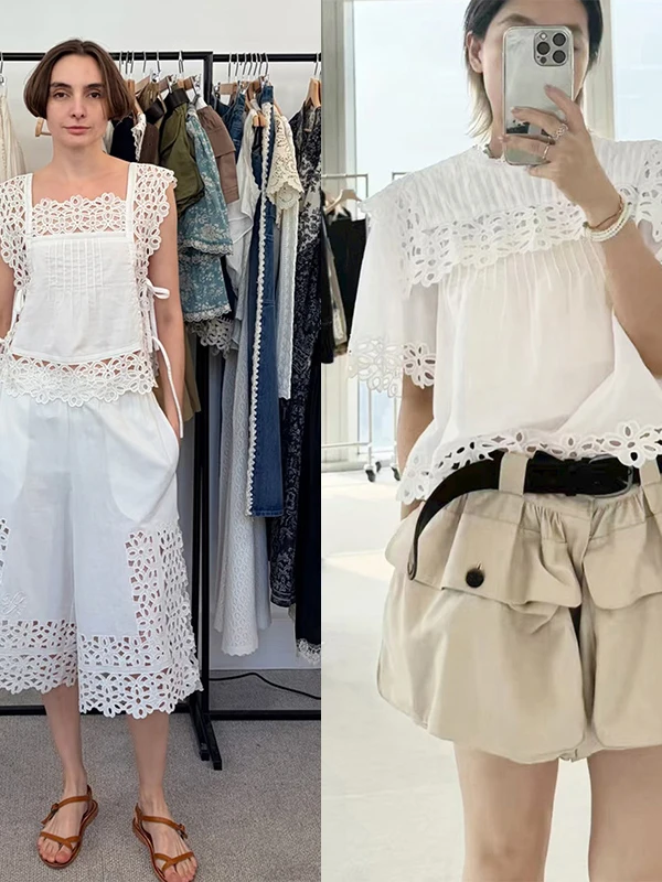 

Spring Summer Anti-Aging Hollow Petal Square Collar Side Tie Fly Sleeve Cover up Loose Midi Pants Women's Fashion Set