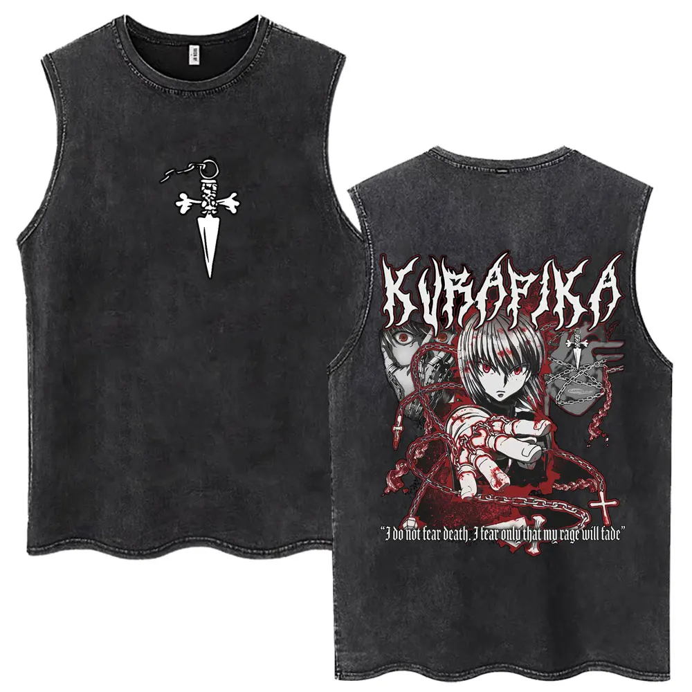 Vintage Washed Anime Hunter X Hunter Tank Tops Kite Phantom Troupe Hisoka Chrollo Sleeveless T-shirt Men Women 100% Cotton Vests view 5