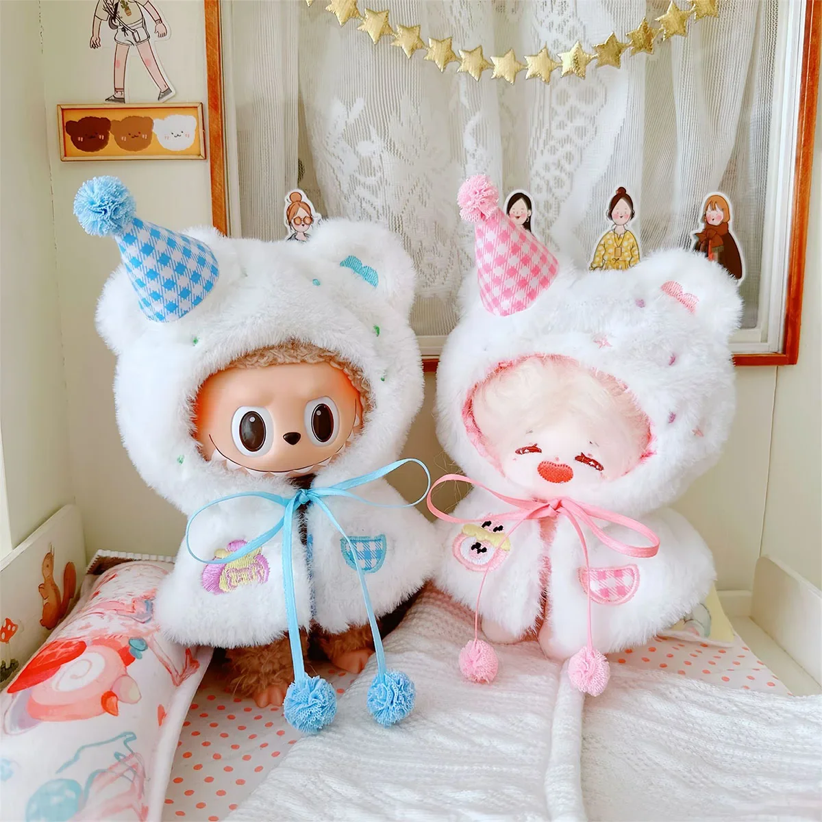 

17cm Cute Mini Plush Doll'S Clothes Outfit Accessories for Labubu Dolls Cake Hat Cloak Clothing DIY Kids Gift ﻿