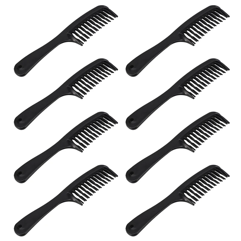 

8X Black Double Row Tooth Detangler Hair Comb Shampoo Comb With Handle For Long Curly Wet Hair