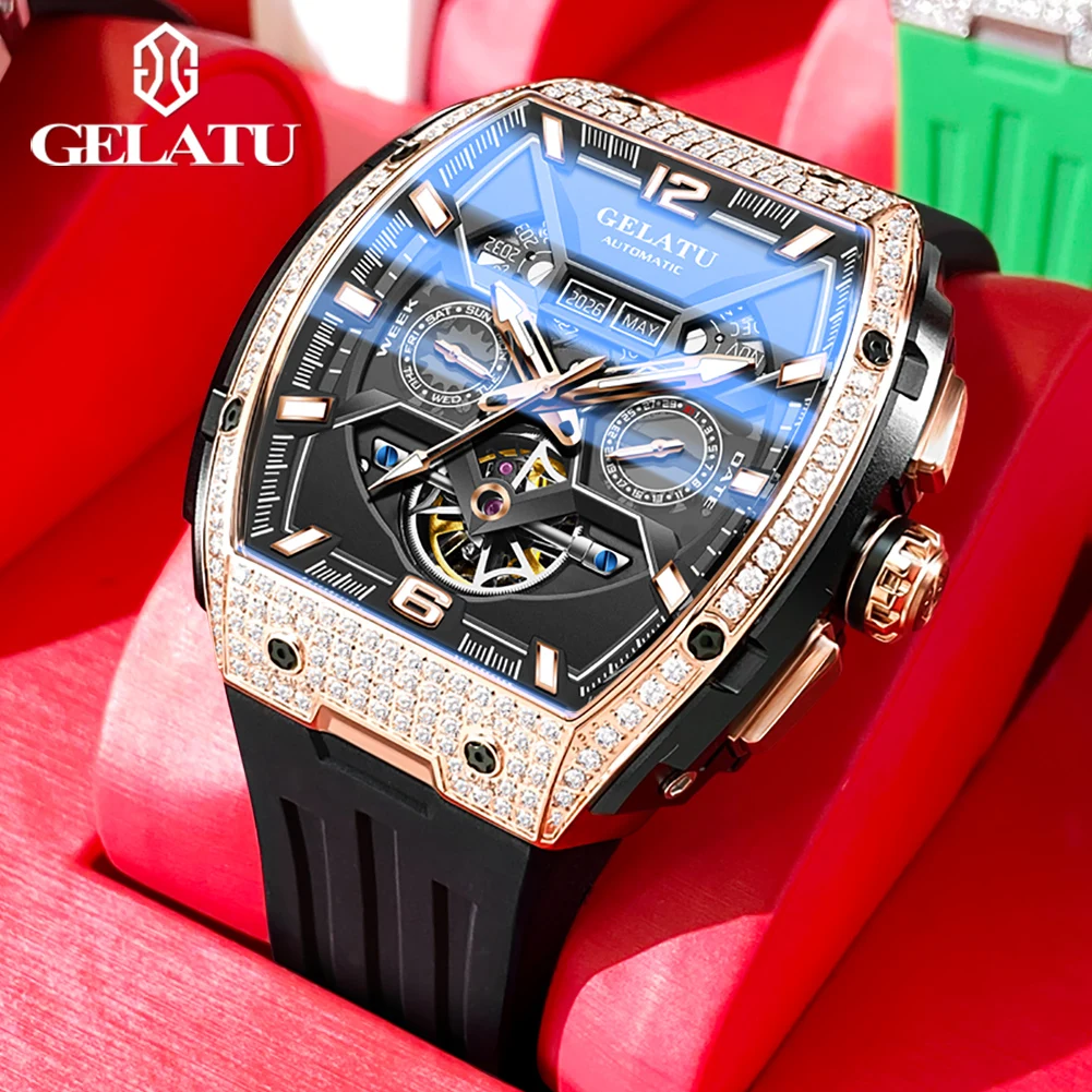 GELATU 6016 Men\'s Watches Full Diamond Hollow Out Skeleton Automatic Mechanical Watch for Men Original Silicone Strap Watch Men