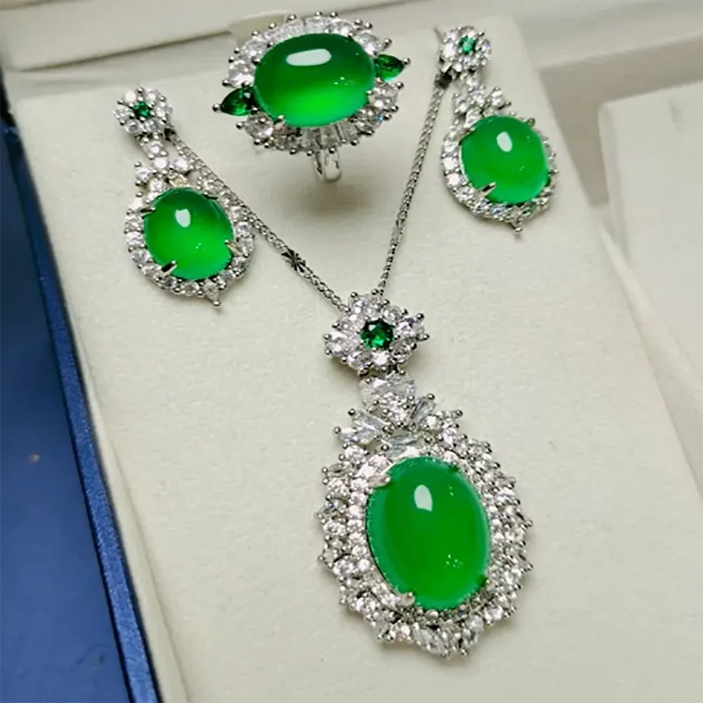 

Natural Jade Jewelry Set For Women Myanmar Jadeite With Zircon Emerald Oval Pendant Necklace Dangle Earrings And Green Jade Ring