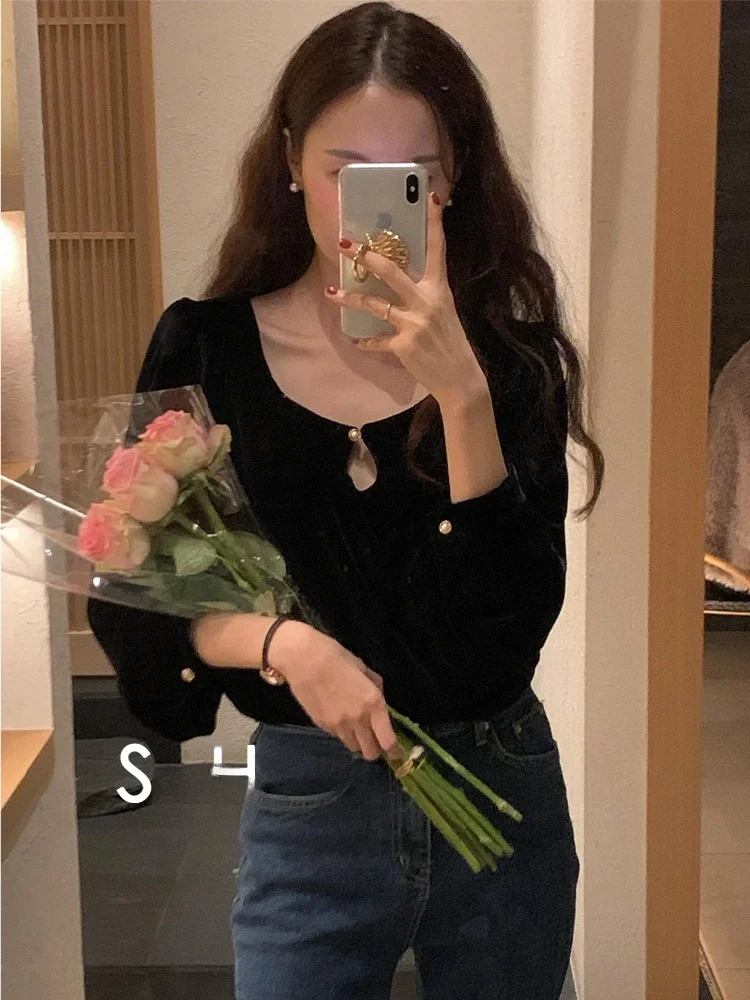 

Классический бархатный длинный бархатный топ с жемчужными пуговицами, женский осенне-зимний новый свободный крой, однотонный топ