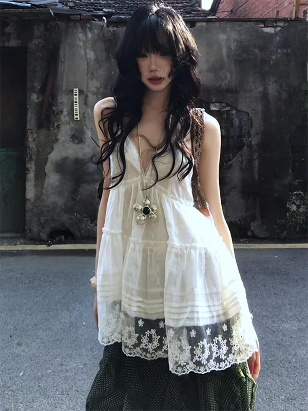 Sweet Lace Trim V-Neck Strap Dress Women Summer New Loose Unique Beautiful Sleeveless Top Casual Outdoor Camping Climbing