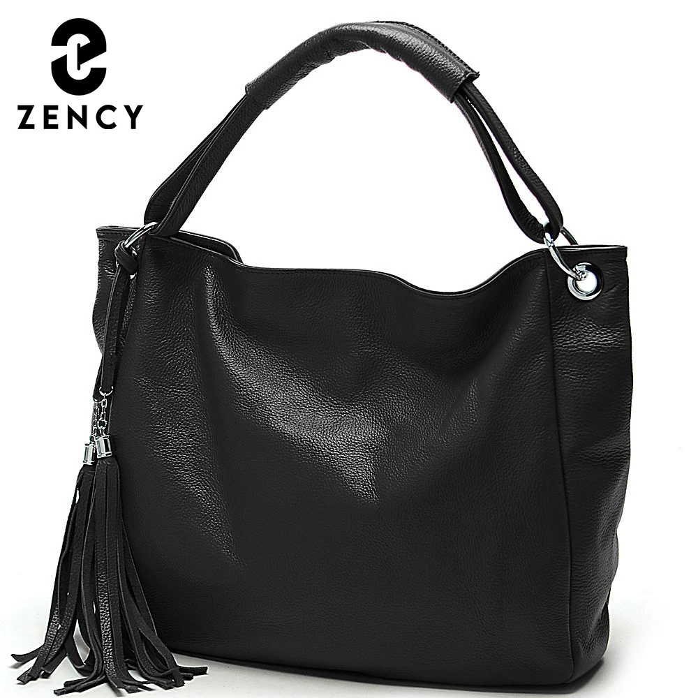 Zency Black White Bag 100% Soft Genuine Leather Tassel Women\'s Handbag Ladies Shoulder Bags Messenger Satchel Crossbody Purse