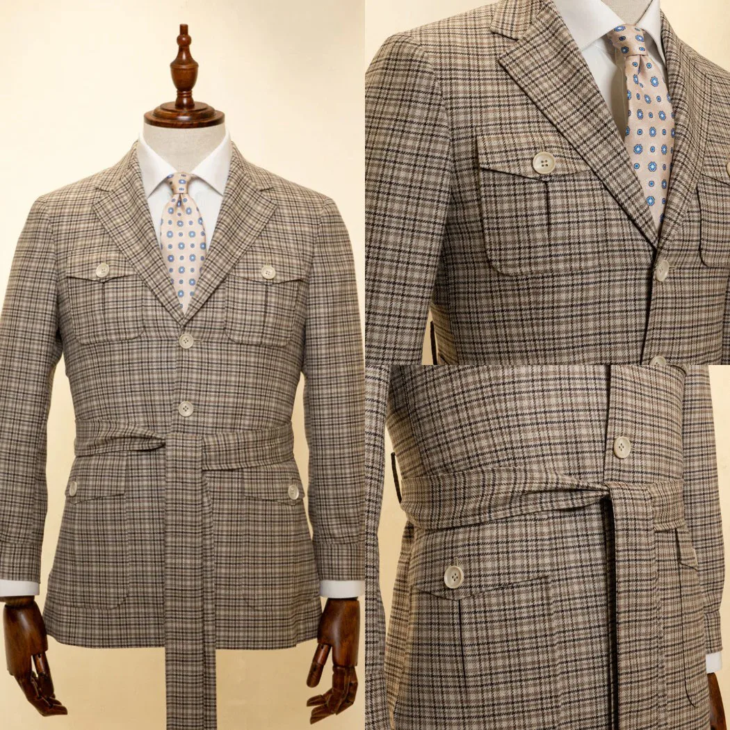 Modern Houndstooth Men Jacket For Wedding Belt Notched Lapel Single Breasted Blazer Business Party Prom Custom Made Only Coat