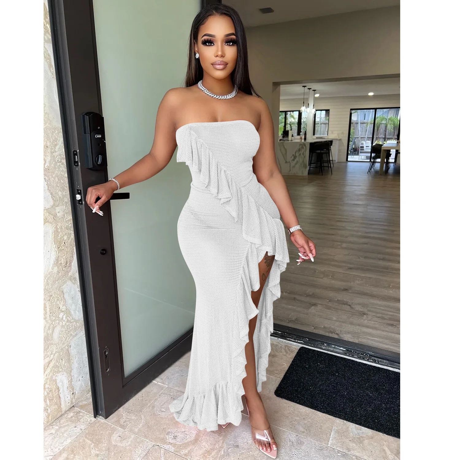 

Elegant Ruffles Off Shoulder Bodycon Dress Sexy Strapless Irregular High-Low Dresses Backless Floor-Length Evening Wear Vestidos