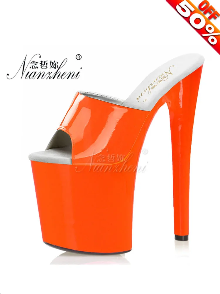 Fashion Patent Leather Shallow Thick High Platform Heels Small Size Women Slippers 20CM Super Shoes 8 Inch Cross Stripper Fetish