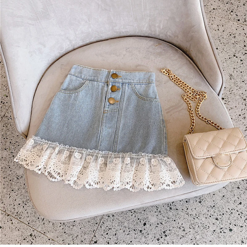 2024 Summer New Baby Girls Loose Short Skirt Children\'s Clothing Sweet Lace Patchwork Denim Skirt For Girls Versatile Skirt