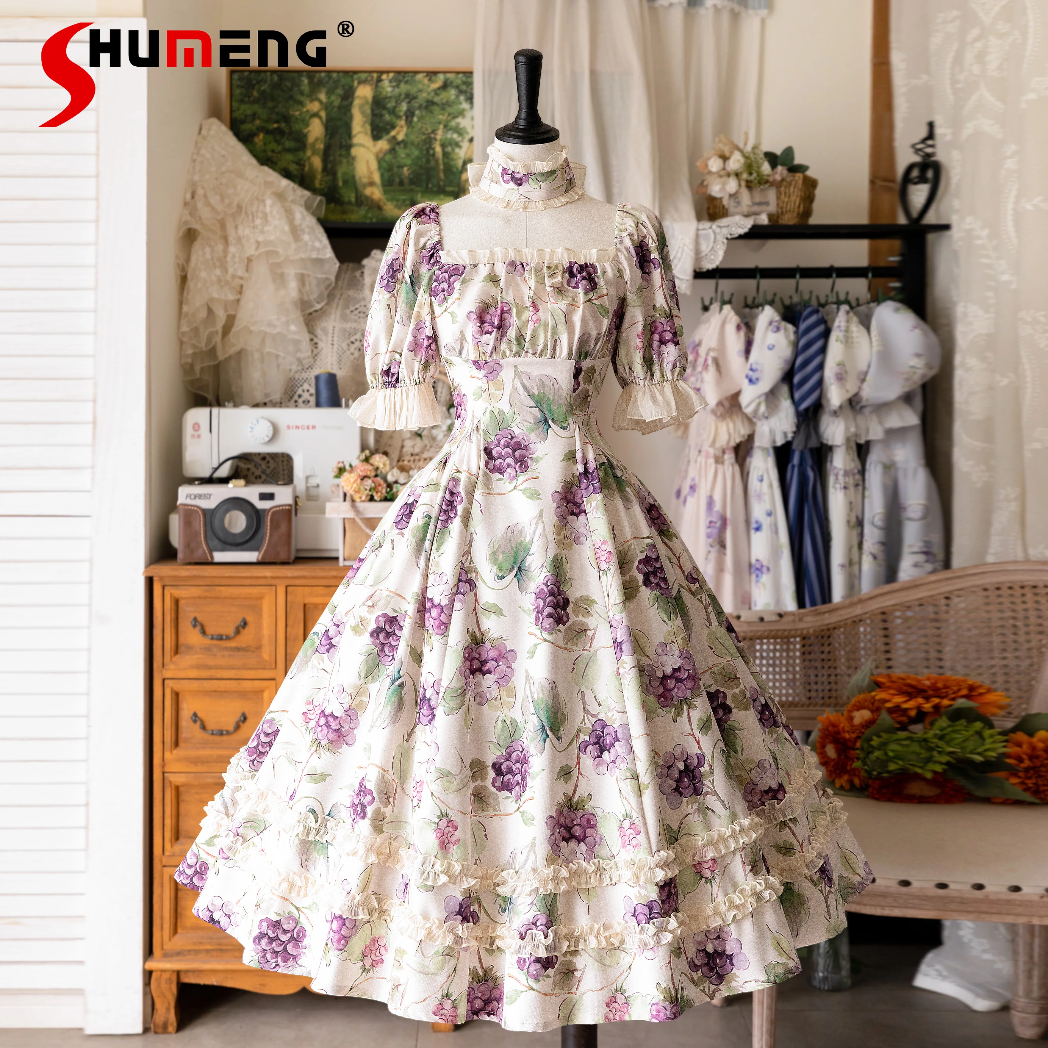 

Vestidos Cla Princess Tea Party Dress Spring Summer Women's High Waist Slim Elegant Grape Print Lolita Short Sleeve Long Dress