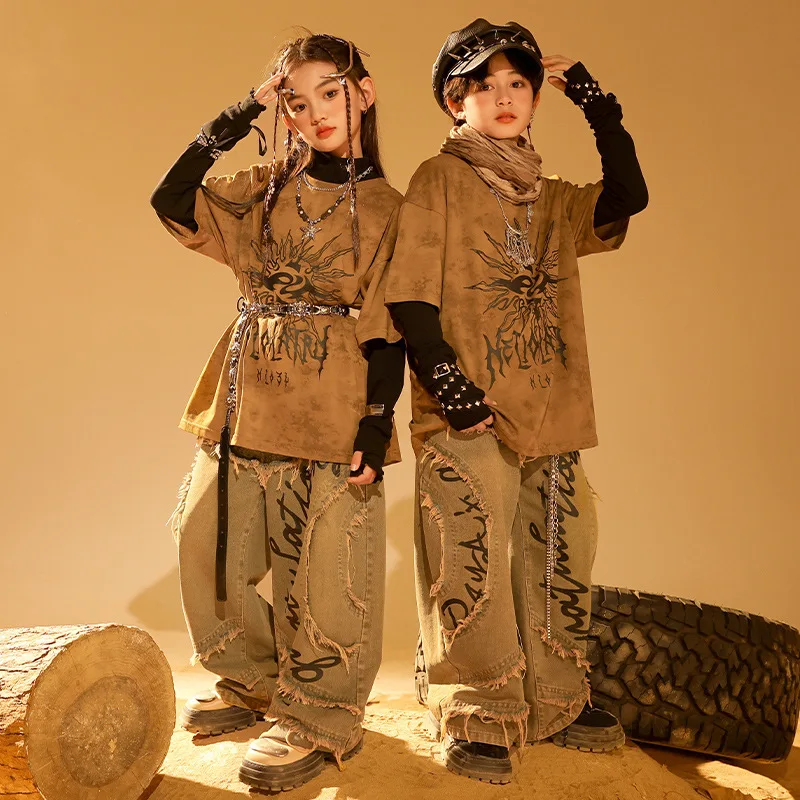 Kids Outfit Jazzdans Kinderen Kostuum Jongens Street Dance Set Meisjes Kpop Stadium Slijtage Hip Hop T-shirt Broek Mode Kleding 2262