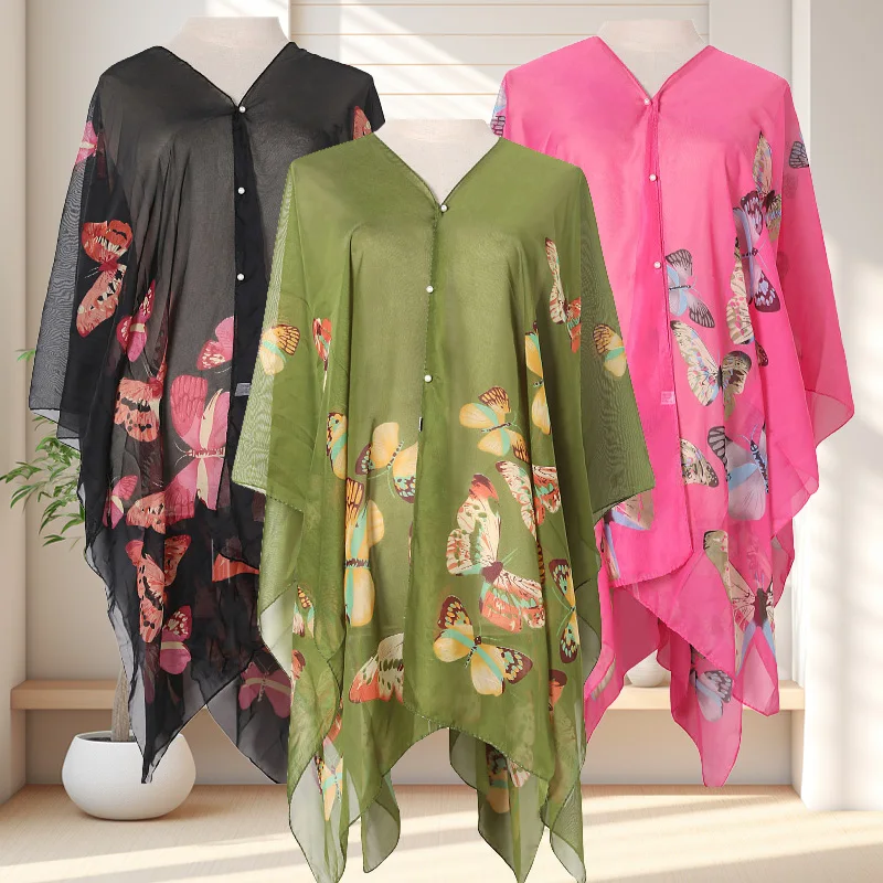 Woman Chiffon Sunscreen Shawl Fashion Printed Polyester Outdoor Beach Loose Tops Cloak Multicolor Summer Scarf Scarves