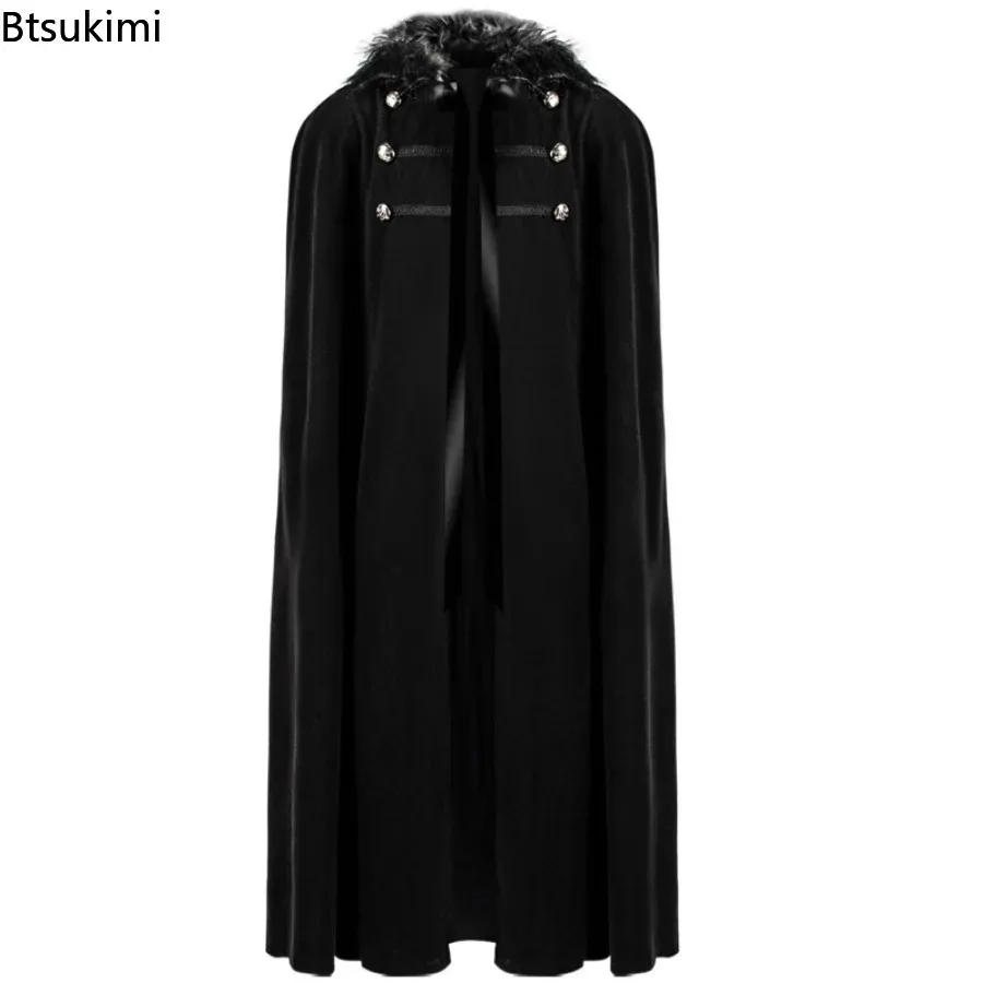 جديد 2025 للهالوين للكبار في القرون الوسطى Steampunk القراصنة عباءة تأثيري الفراء مقنعين طويل القوطية الرجعية بلون سترة للنساء الرجال