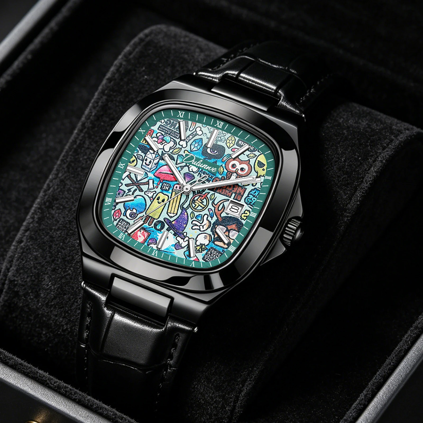 Dulunwe 2026 New Graffiti Design Men's Mechanical Automatic Wrist Watch for Men Fashion Youth Leather Men's Watch