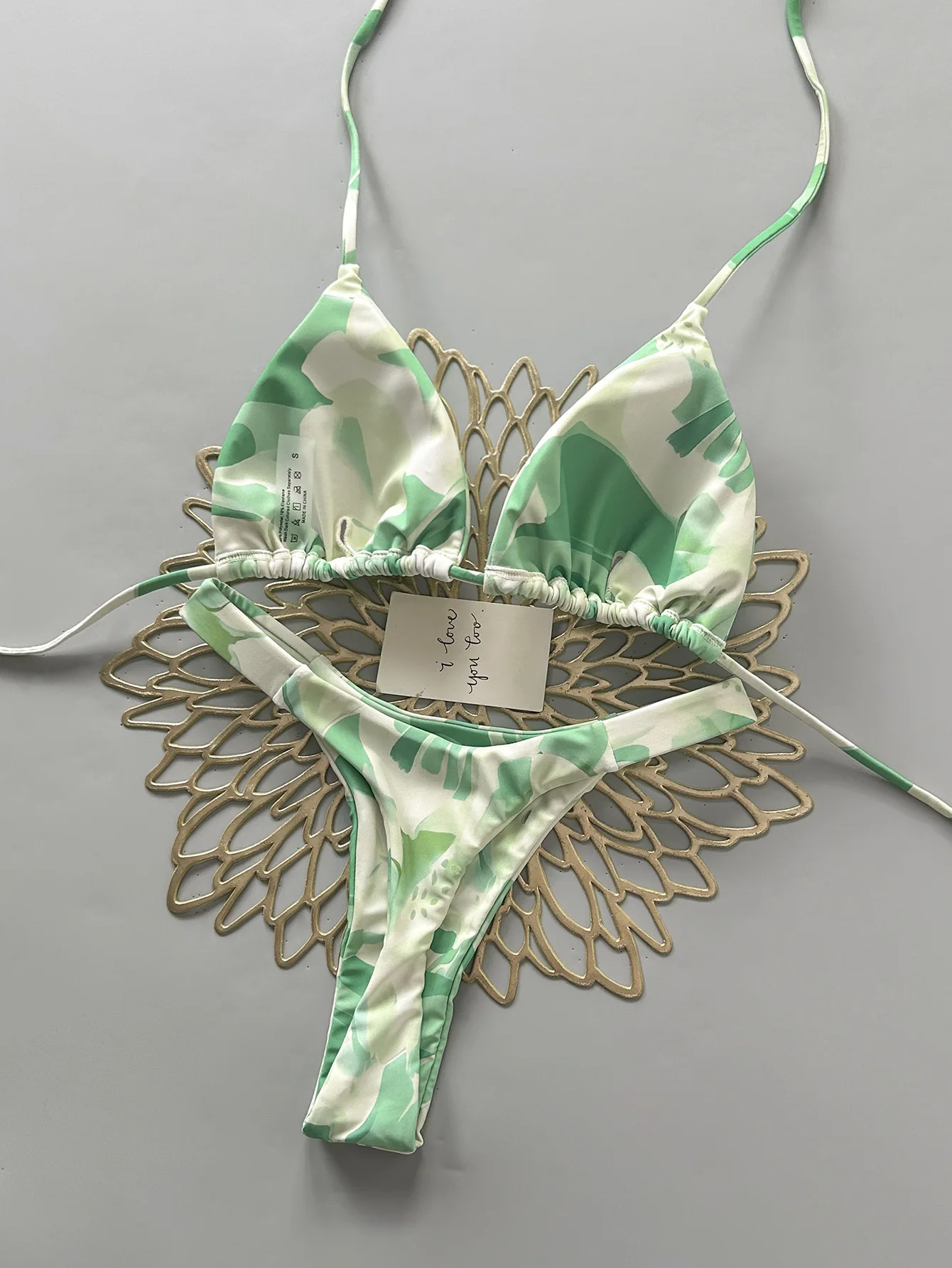 sexy green print micro bikinis sets two pieces halter back tie thong swimsuits bathing suit swimwear biquini tankini trikini