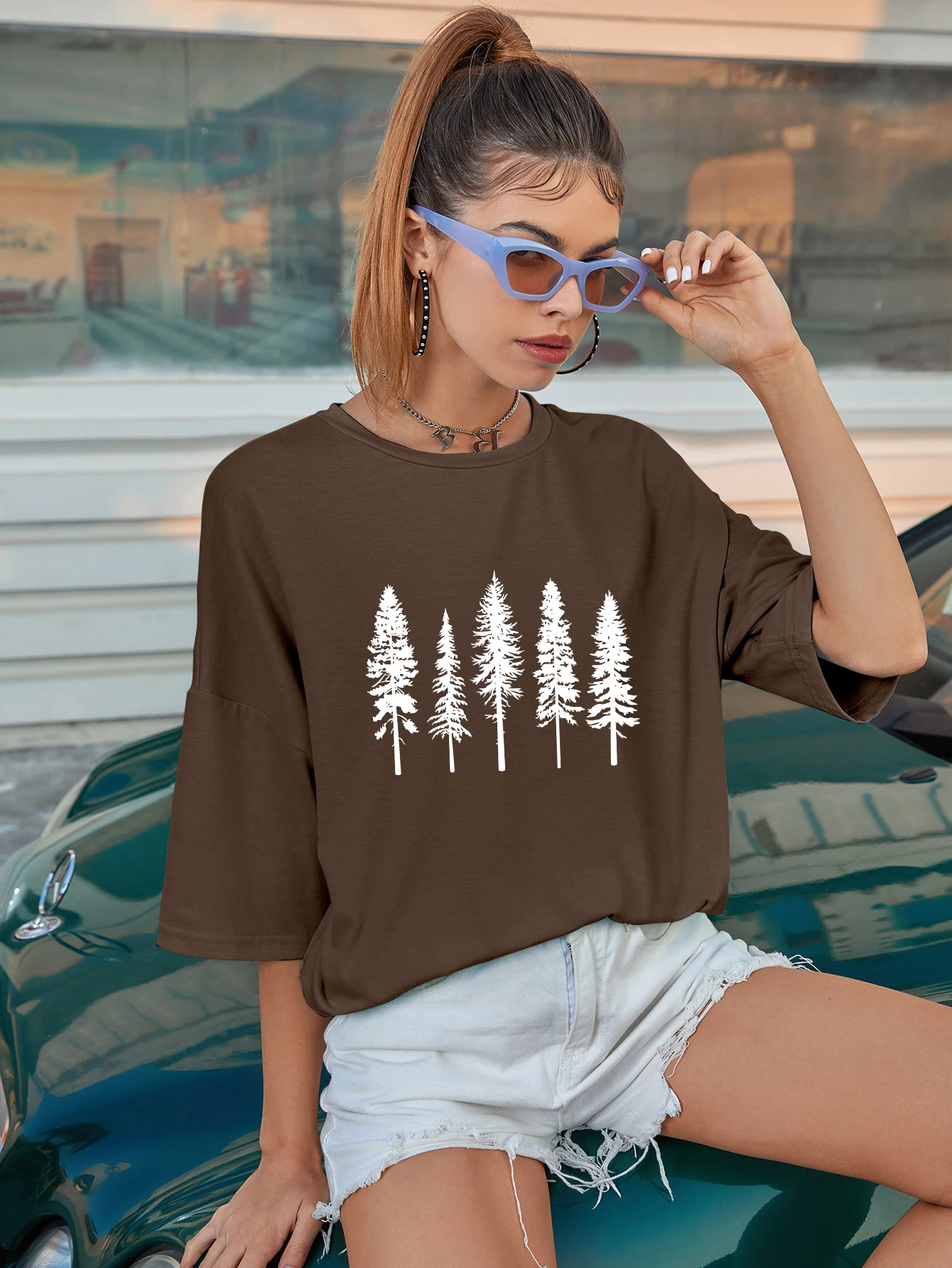 

vintage Pine Tree oversized shirt casual women graphic Forest Outdoors tee shirt