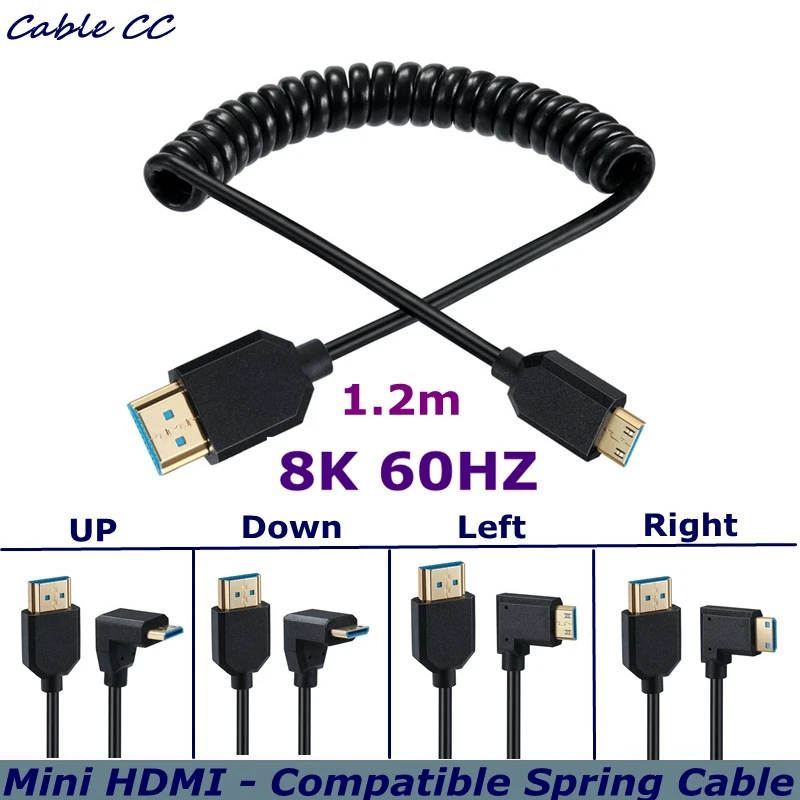 48Gbps Ultra Thin Down Angled Mini HDMI Male to HDMI Male Cable Support 8K@60Hz 90 Degree Mini HDMI to HDMI Coiled Cable,