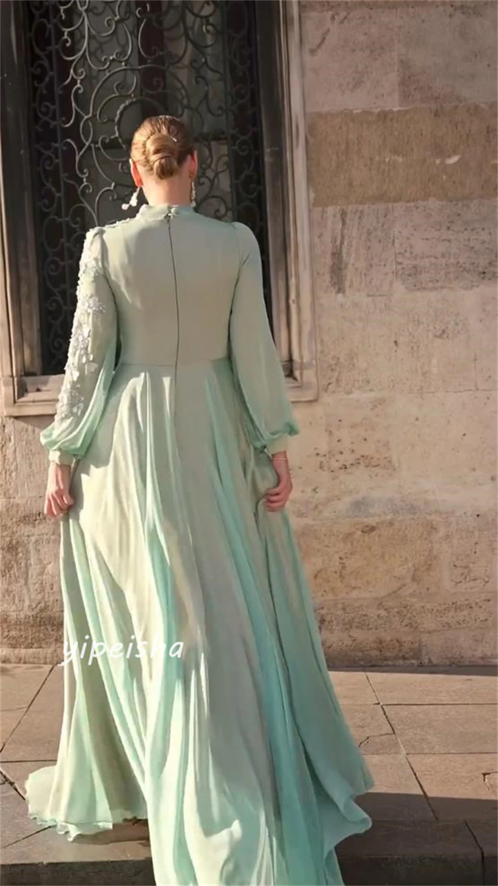 Jiayigong-Robe Longue en Mousseline de Soie Drapée à Paillettes, Tenue de Soirée de Mariage, Ligne A, Col Haut, sur Mesure