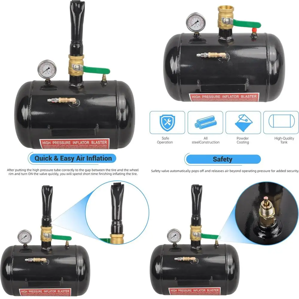 

5-галонный пневматический шиномонтажный сиденье 110 PSI Blaster Tool Накачиватель шин с манометром - Бак для накачивания шин автомобиля, грузовика, квадроцикла, черный