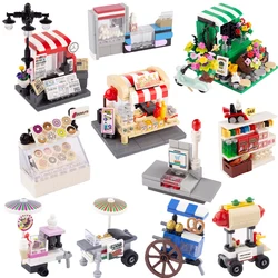 MOC City Street View Building Blocks Accessories Florist Newsstand Food Set Food Stand Shopping Cart Donuts Mini Bricks R048 DIY