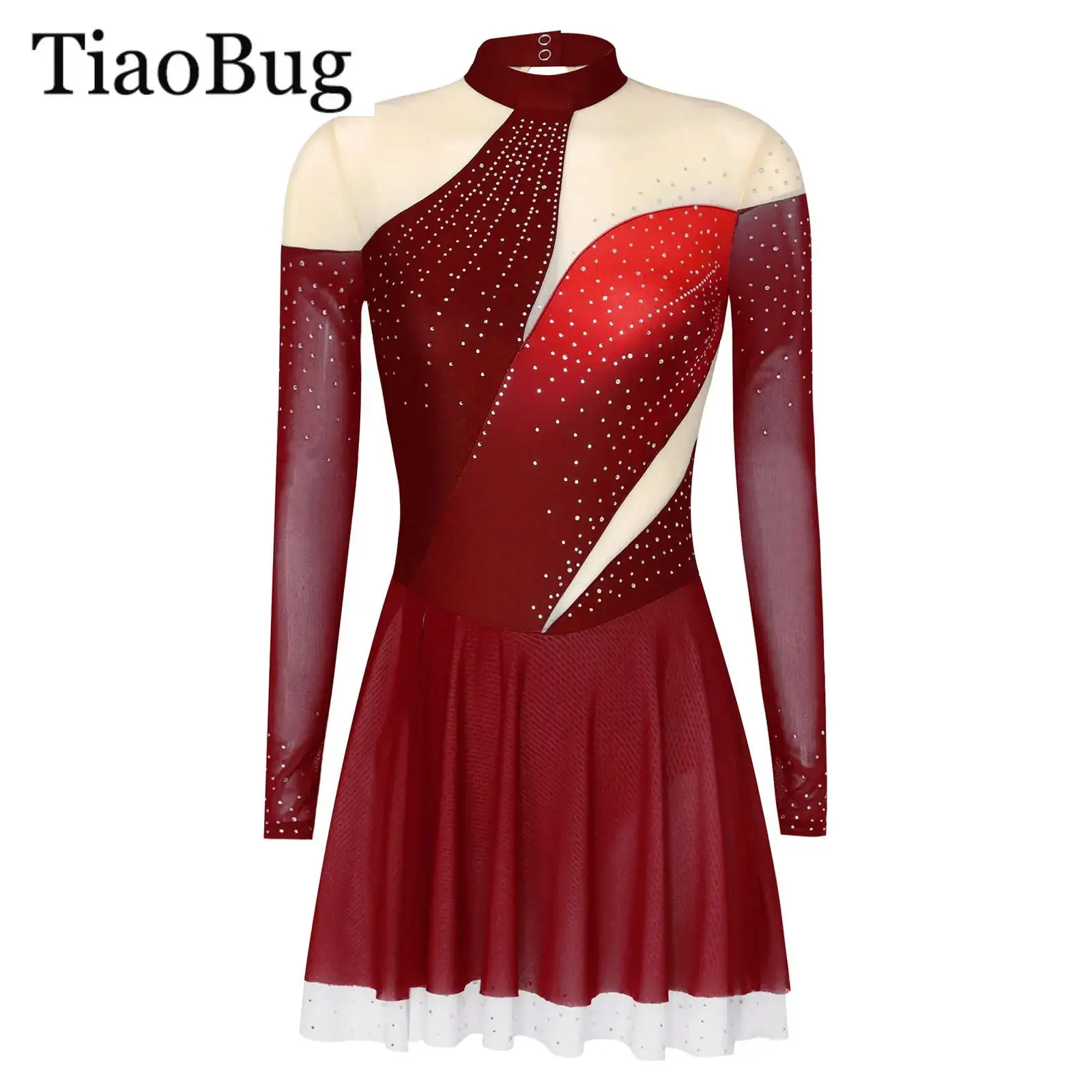 

Women Rhinestone Gymnastic Ballet Leotard Dress Gradient Color Patchwork Sheer Mesh Long Sleeve Lyrical Figure Skating Dress