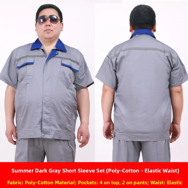 Loose Fit Summer Short Sleeve Work Uniform Set for Men Large Size Wear Resistant Thin Cotton Blend Fabric Labor Protection view 3