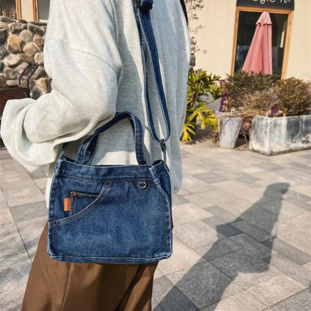 

Trendy Large Capacity Denim Crossbody Bag Simple Commute Canvas Tote Bag Small Square Bag Handbag Cloth Shoulder Bag Girls