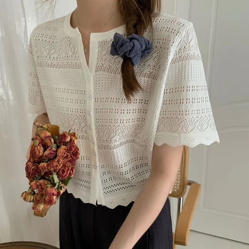 Chic Hollow Out Knitted T-Shirt Women 2026 Summer Button Up Short Sleeve Crop Tee Woman All Match Round Neck T Shirt Female