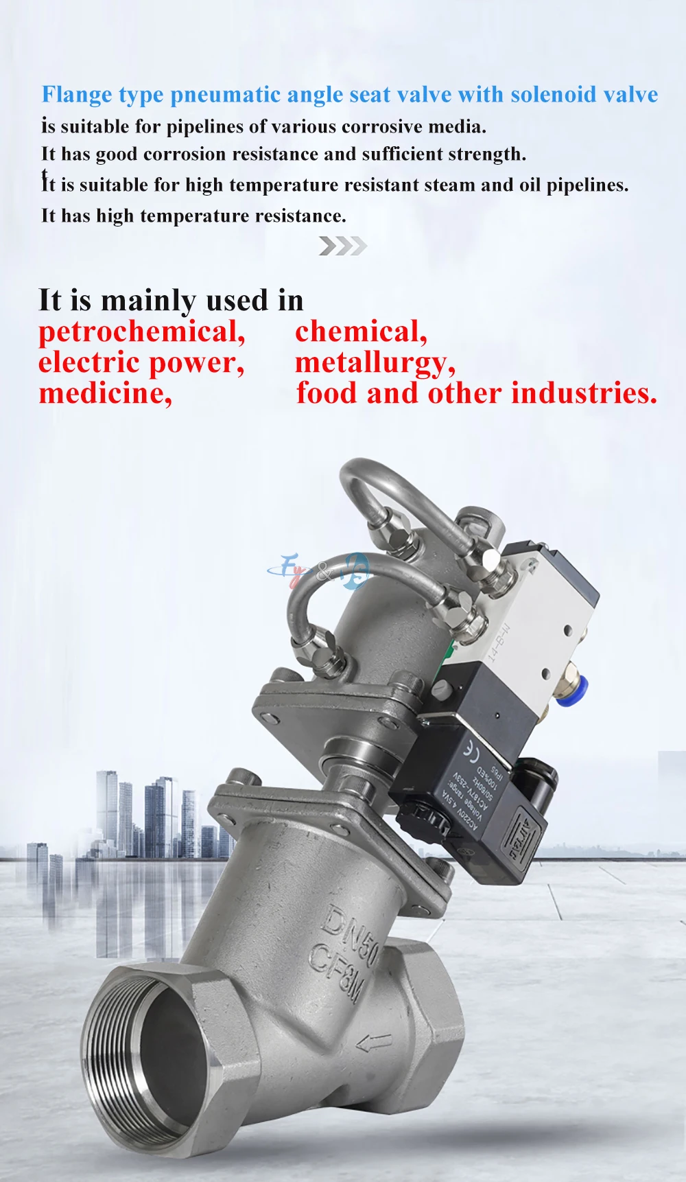 Steam Control Valve 304 Stainless Steel Pneumatic Flange Angle Seat Valve DN15 to DN80 Quick Shut Off Fitting