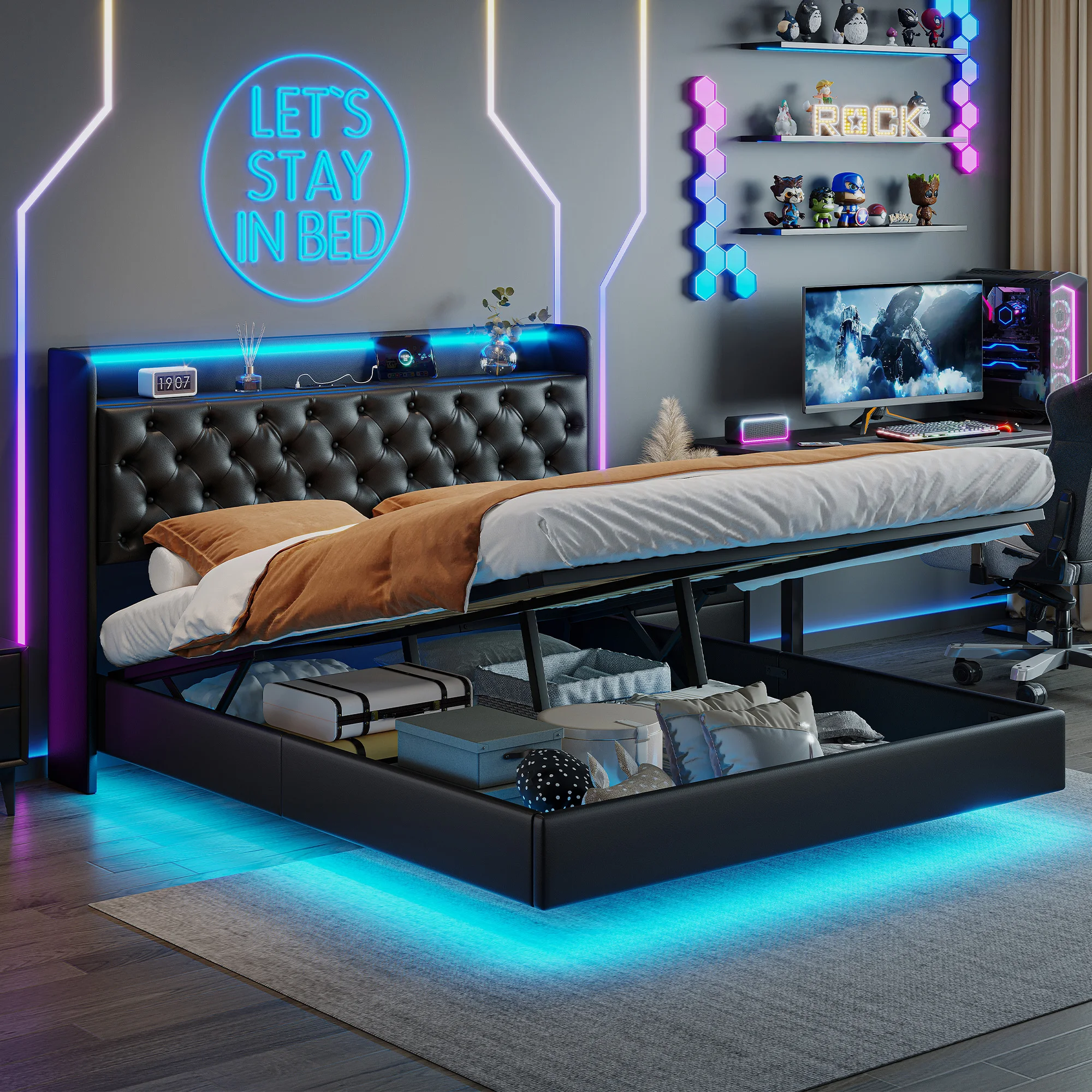Rosahqnda Polsterbett, Doppelbett mit USB-Ladefunktion, LED-Beleuchtung, Kopfteil mit Stauraum, versteckte Bettfüße, Leder-Finish – Detail 12