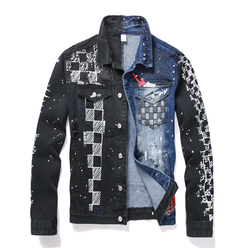 

Men's Fashion Design Ripped Jeans Jacket With Rivet Streetwear Distressed Hip Hop Denim Coat Patchwork Outerwear