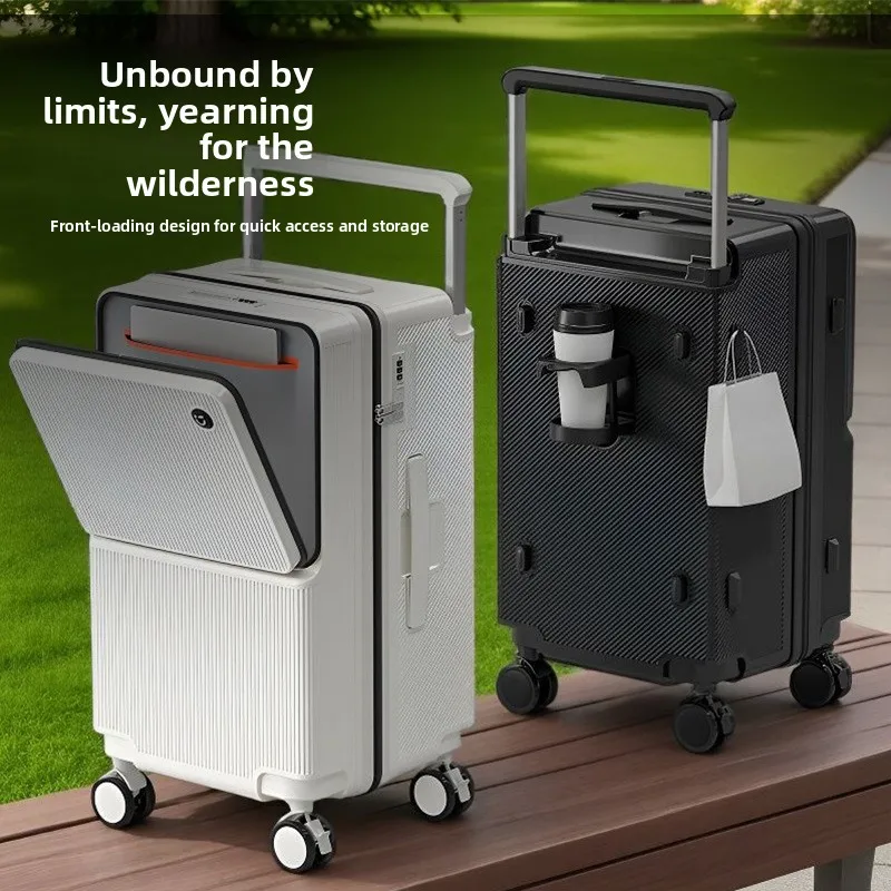 

Multifunctional front open lid luggage business boarding trolley case with cup holder suitcase 20 large-capacity password case