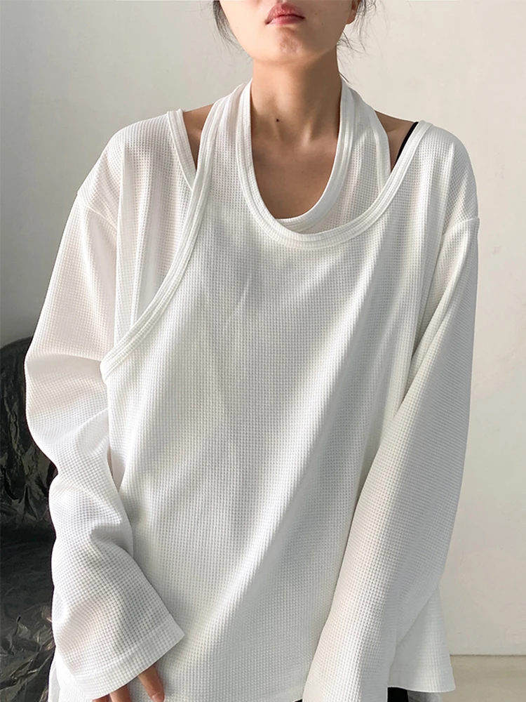 [EAM] Women White Irregular False Two Big Size Casual T-shirt New Round Neck Long Sleeve Fashion Tide Spring Autumn 2024 1DF8508