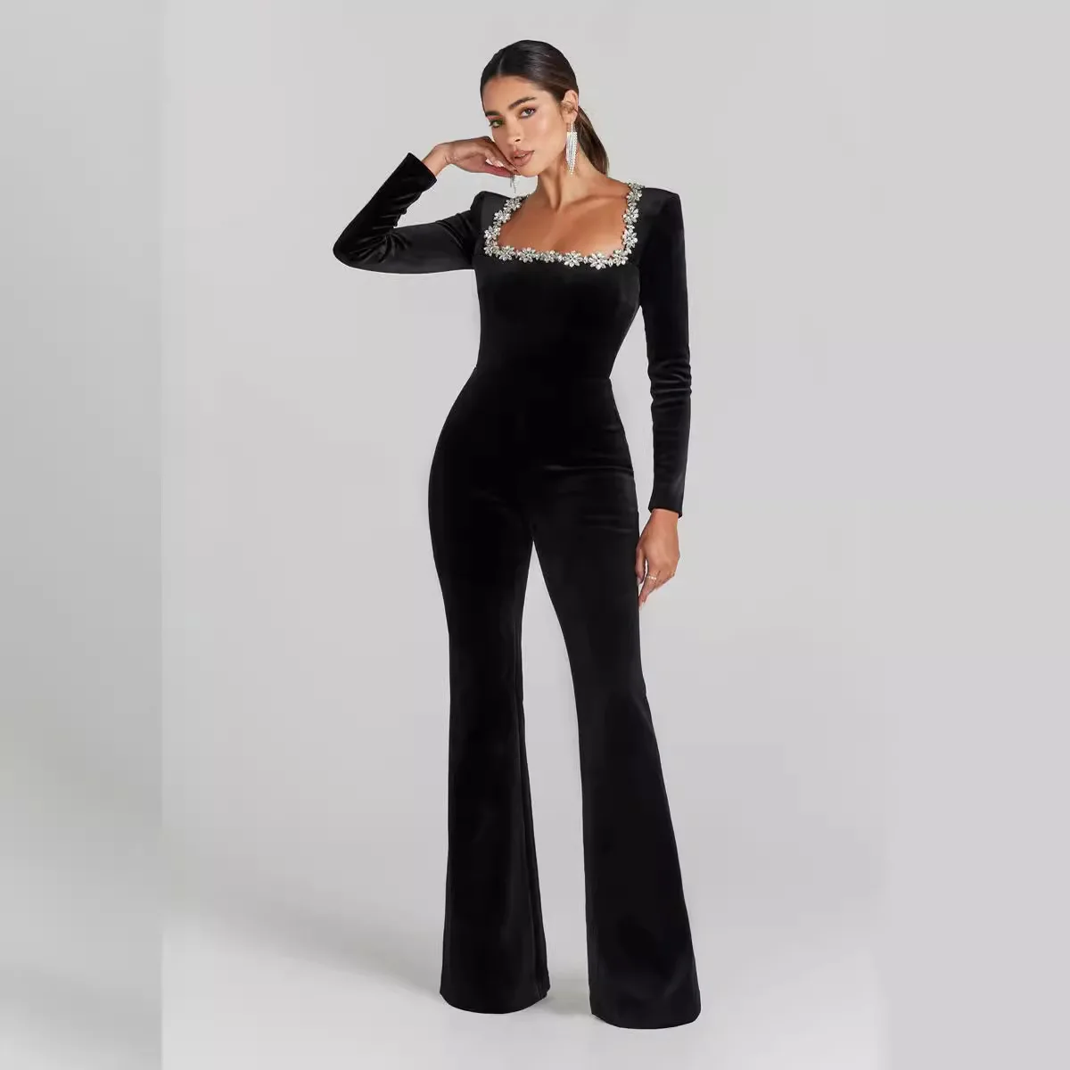 2024 Women Luxury Diamonds Jumpsuit Black Long Sleeve Solid Bodycon Bandage Bodysuit Sexy High-Waisted Evening Party Jumpsuits