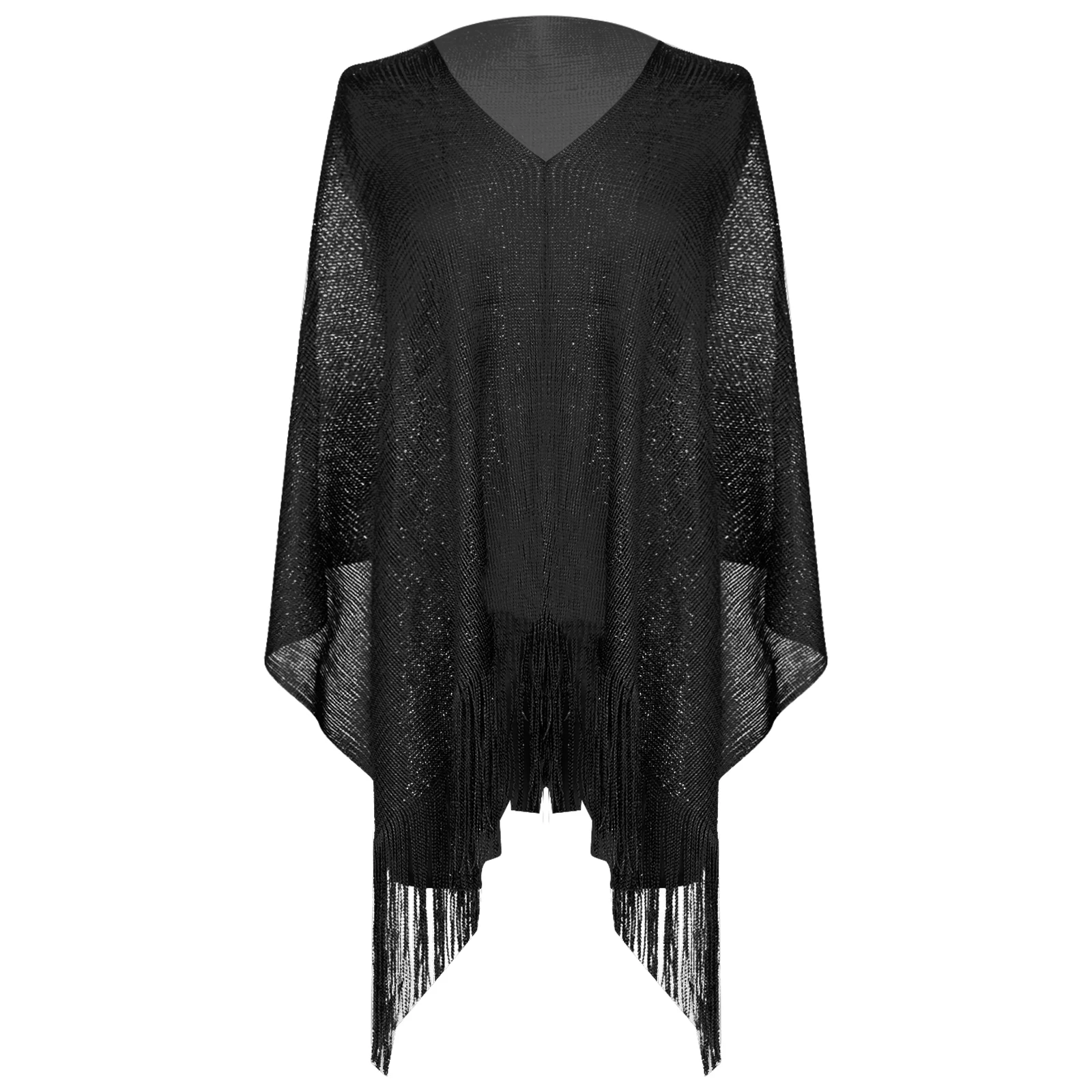 Womens Versatile Pullover Cover-up V Neck Tassel Trim Knitted Shoulder Shawl Scarf for Bathing Suit Dress Accessory