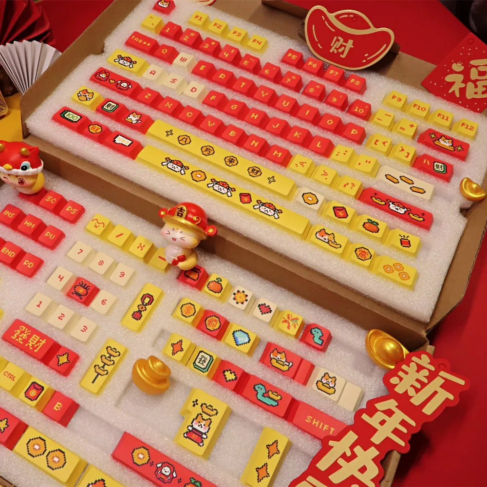 142 Keys Joyous Keycap Chinese New Year Theme KeyCaps Cherry Profile DYE Subbed ISO Enter For Mechanical Keyboard