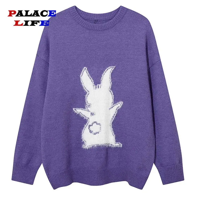 

Harajuku Vintage Cartoon Knitted Sweater Men's Cute Rabbit Flocking Oversized Sweater Thick Casual Y2K Pullover Sweater Women