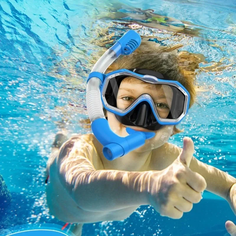 Dry Snorkel Mask Set Panoramic Wide View Anti-Fog for Kids Underwater Snorkeling Swimming Training Diving Adjustable